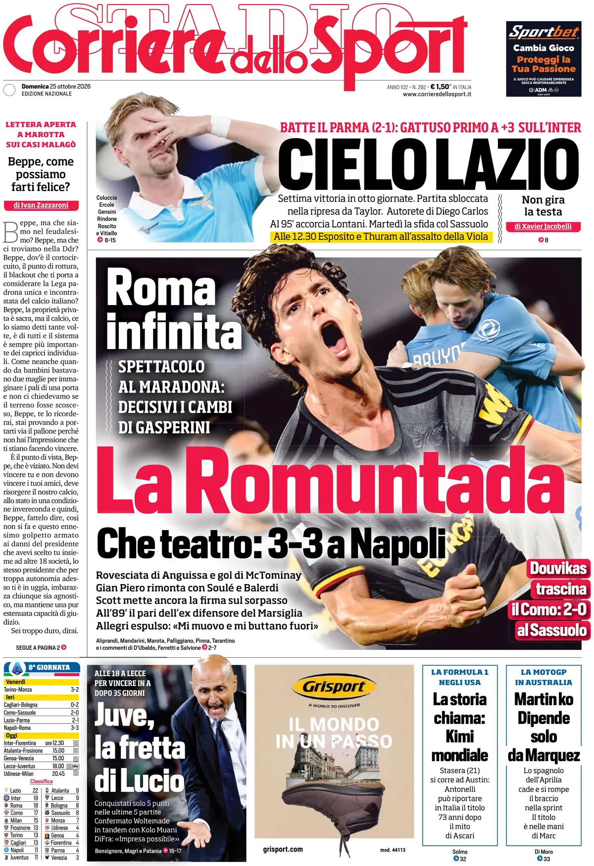 Prima Pagina Corriere dello Sport 25/10/2026