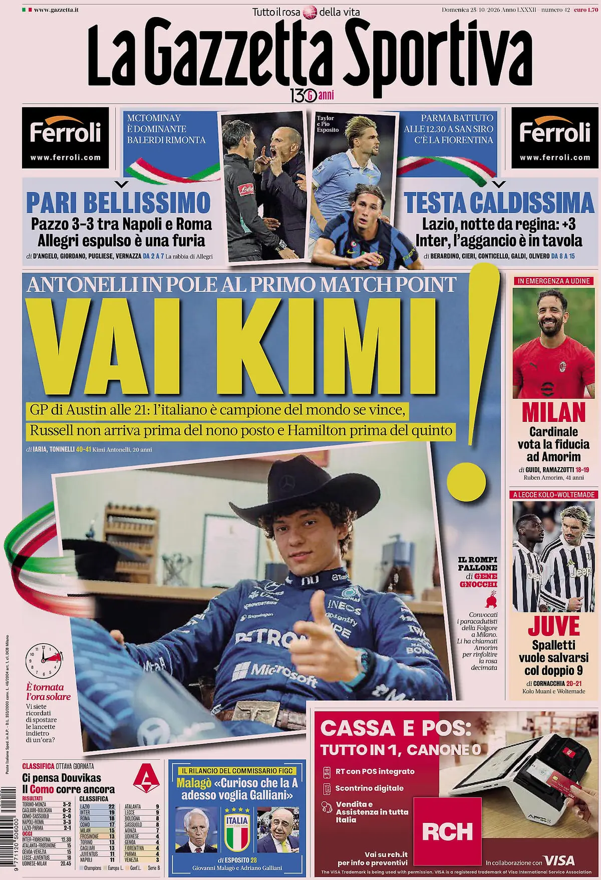 Prima Pagina La Gazzetta dello Sport 25/10/2026