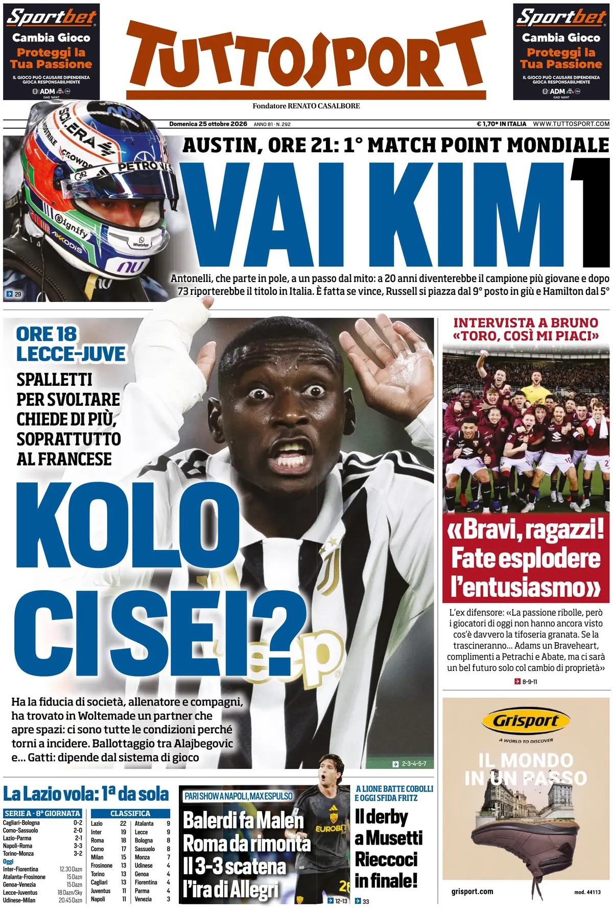 Prima Pagina Tuttosport 25/10/2026
