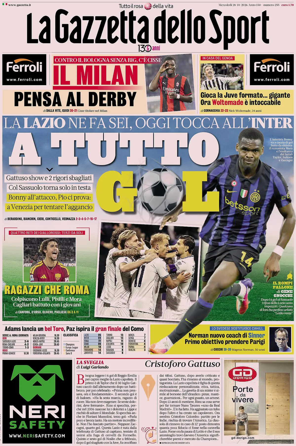 Prima Pagina La Gazzetta dello Sport 28/10/2026