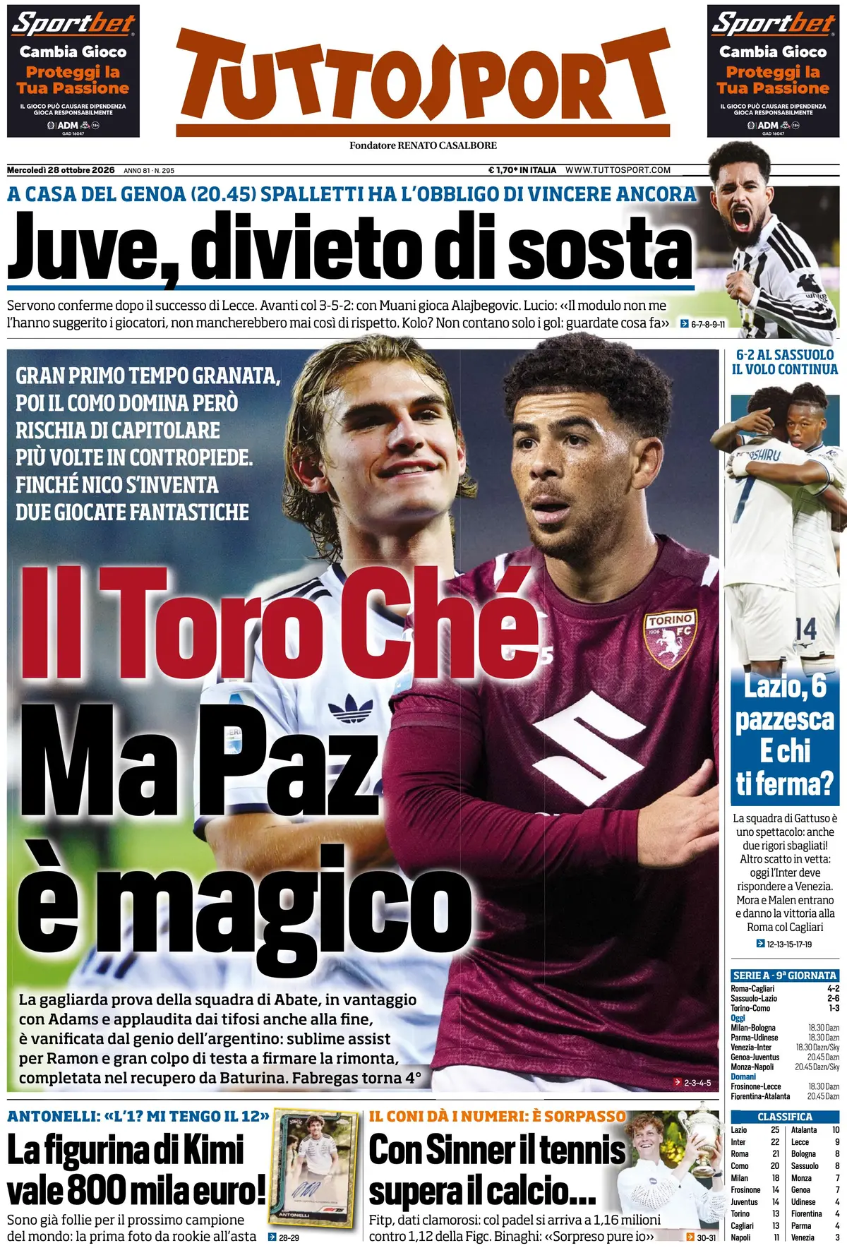 Prima Pagina Tuttosport 28/10/2026