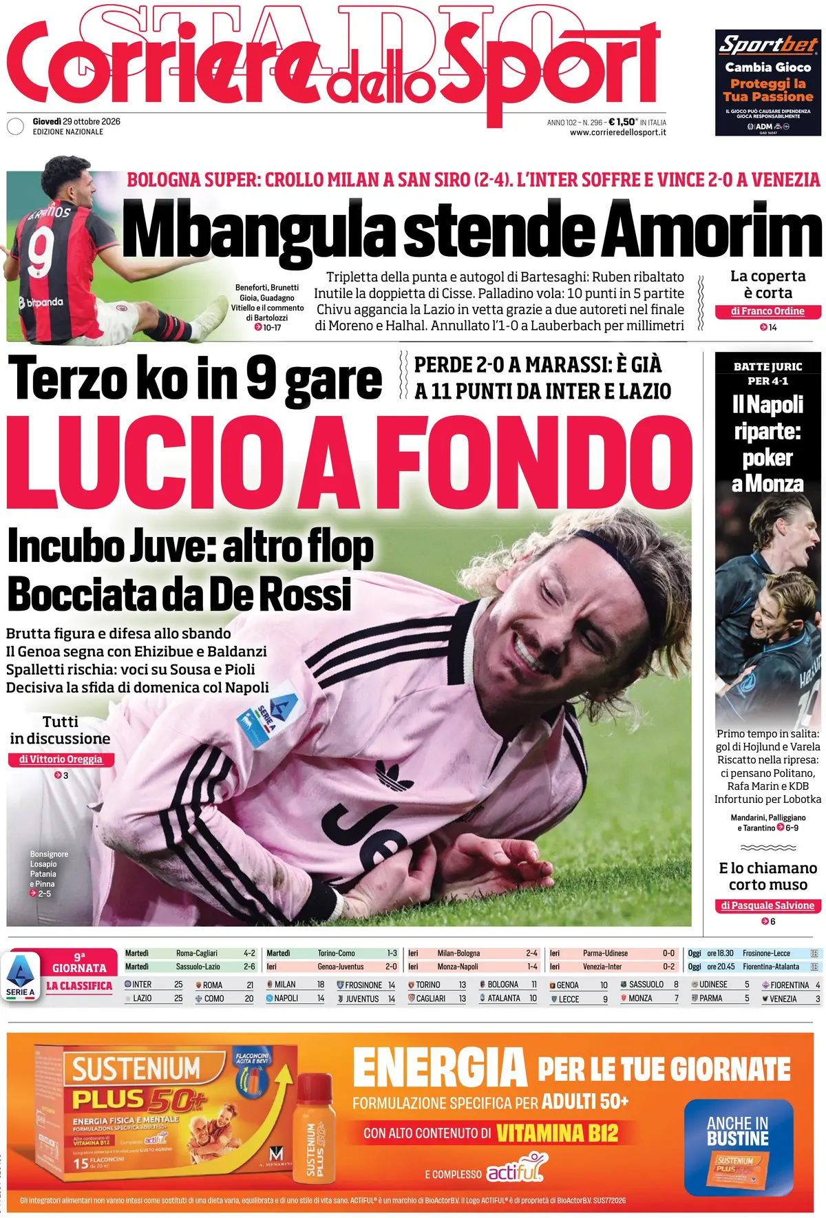 Prima Pagina Corriere dello Sport 29/10/2026