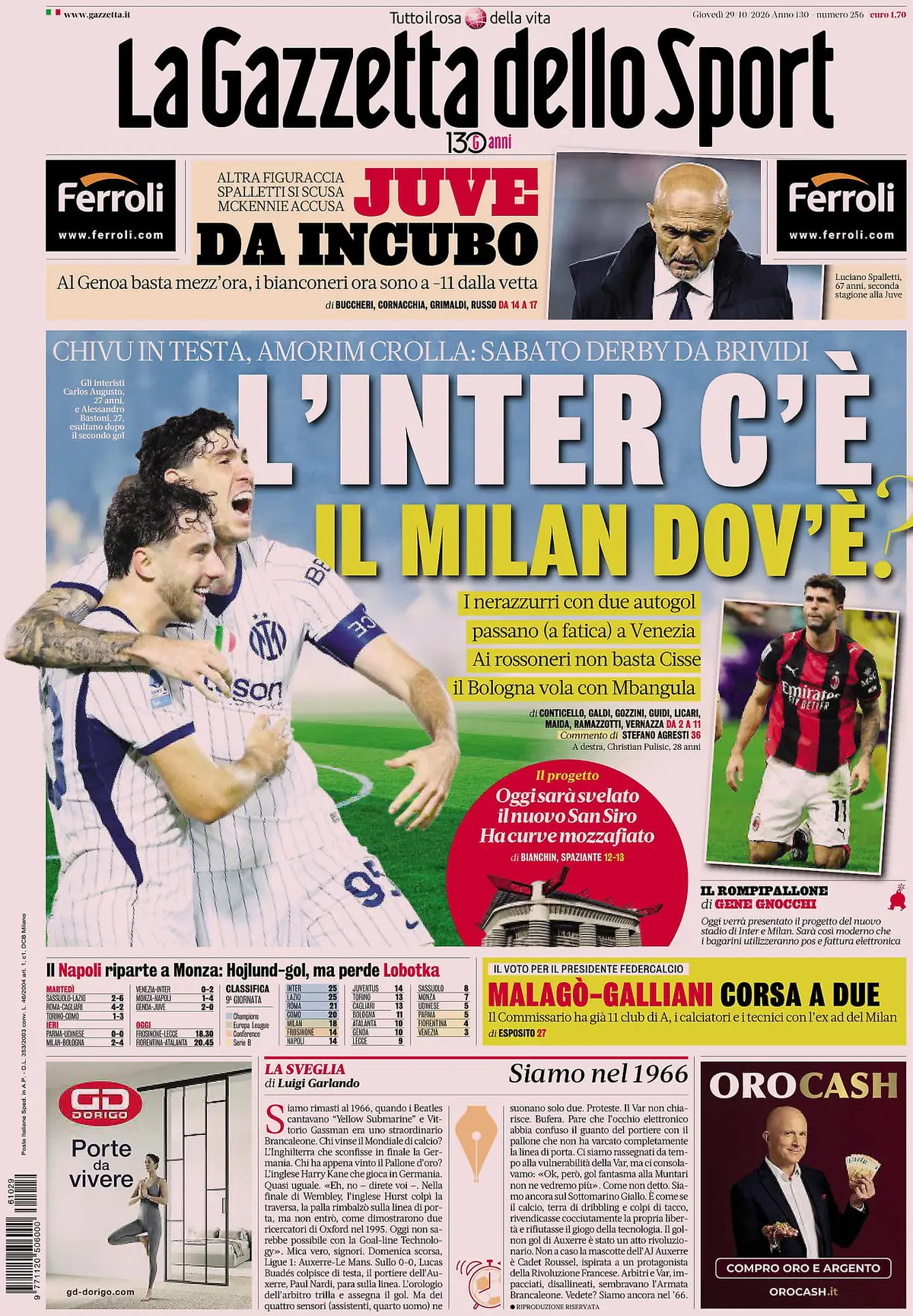 Prima Pagina La Gazzetta dello Sport 29/10/2026