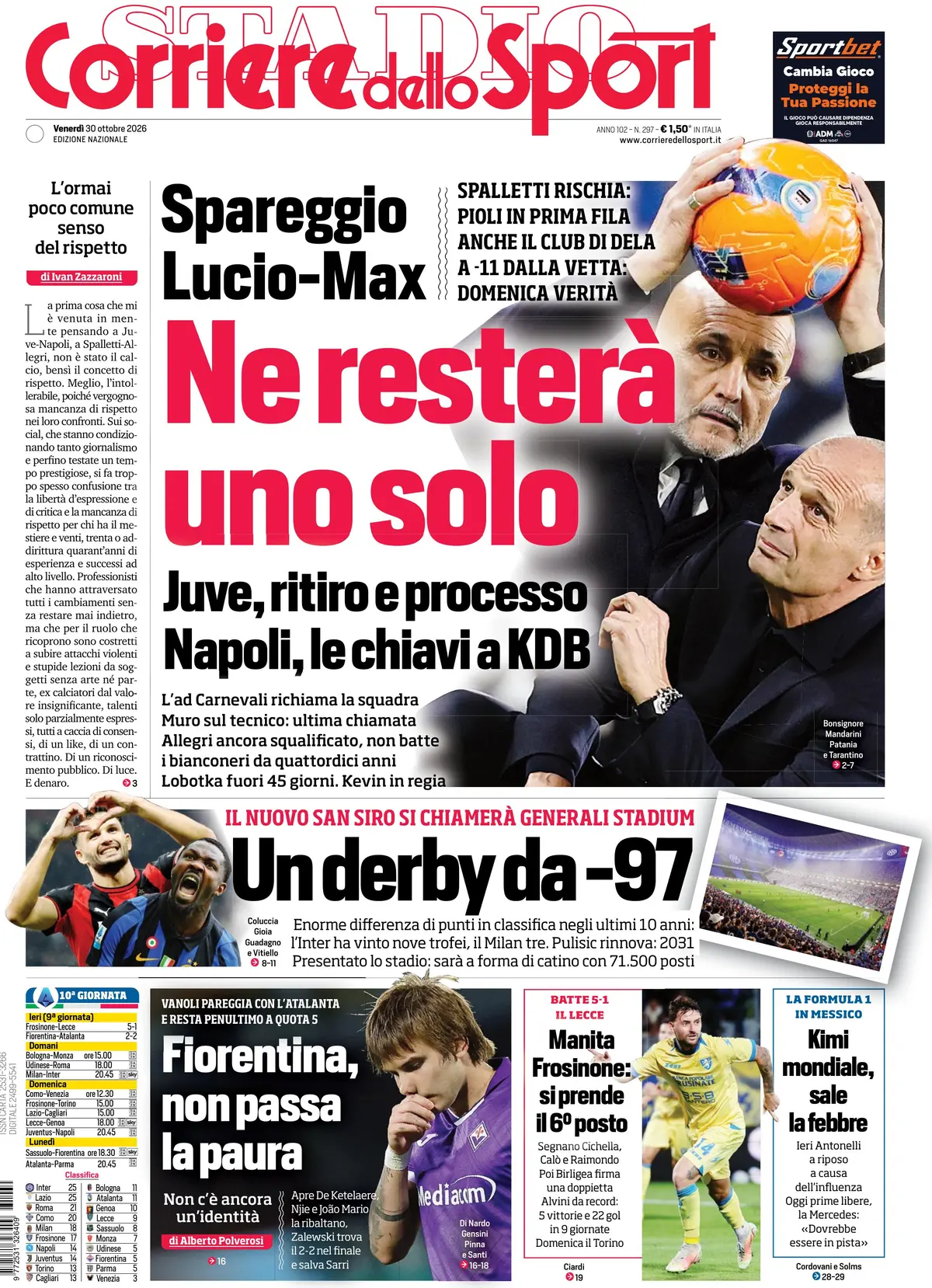 Prima Pagina Corriere dello Sport 30/10/2026