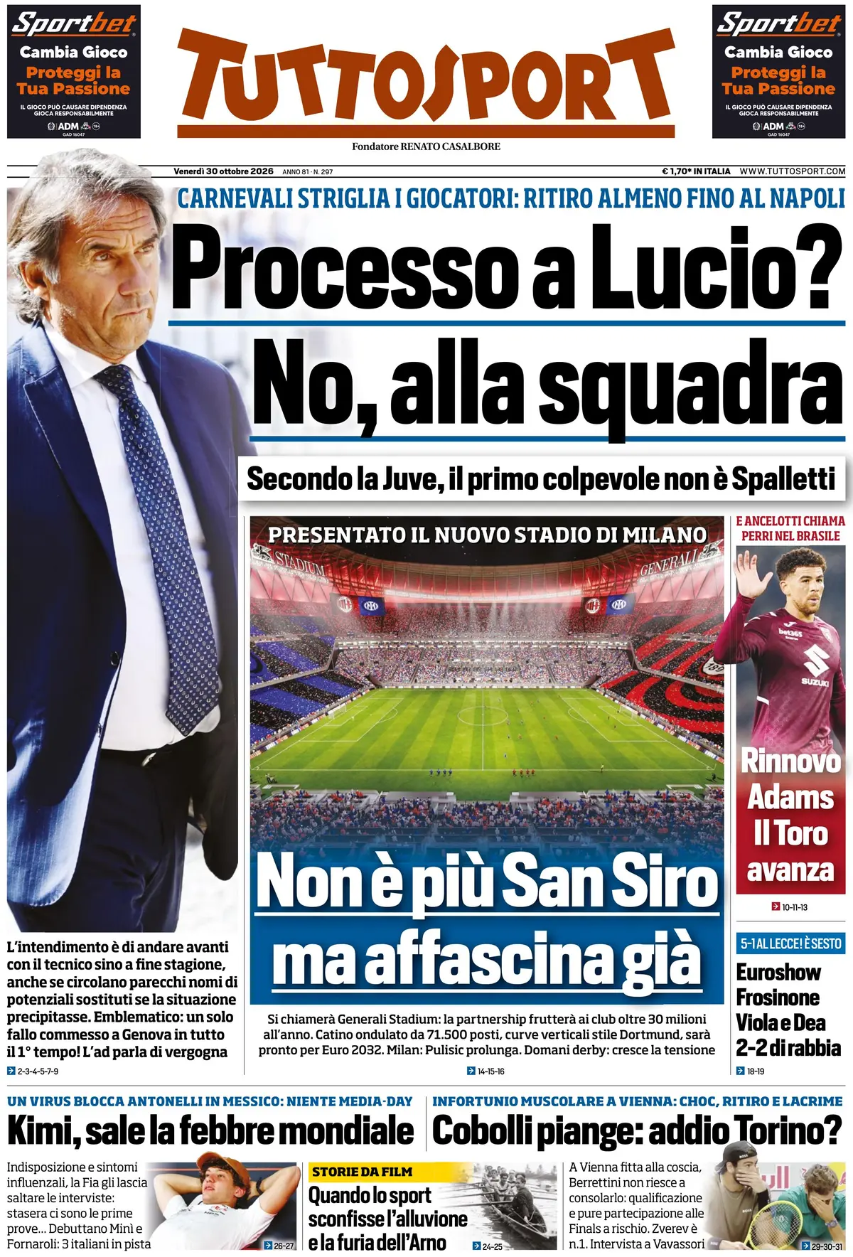 Prima Pagina Tuttosport 30/10/2026