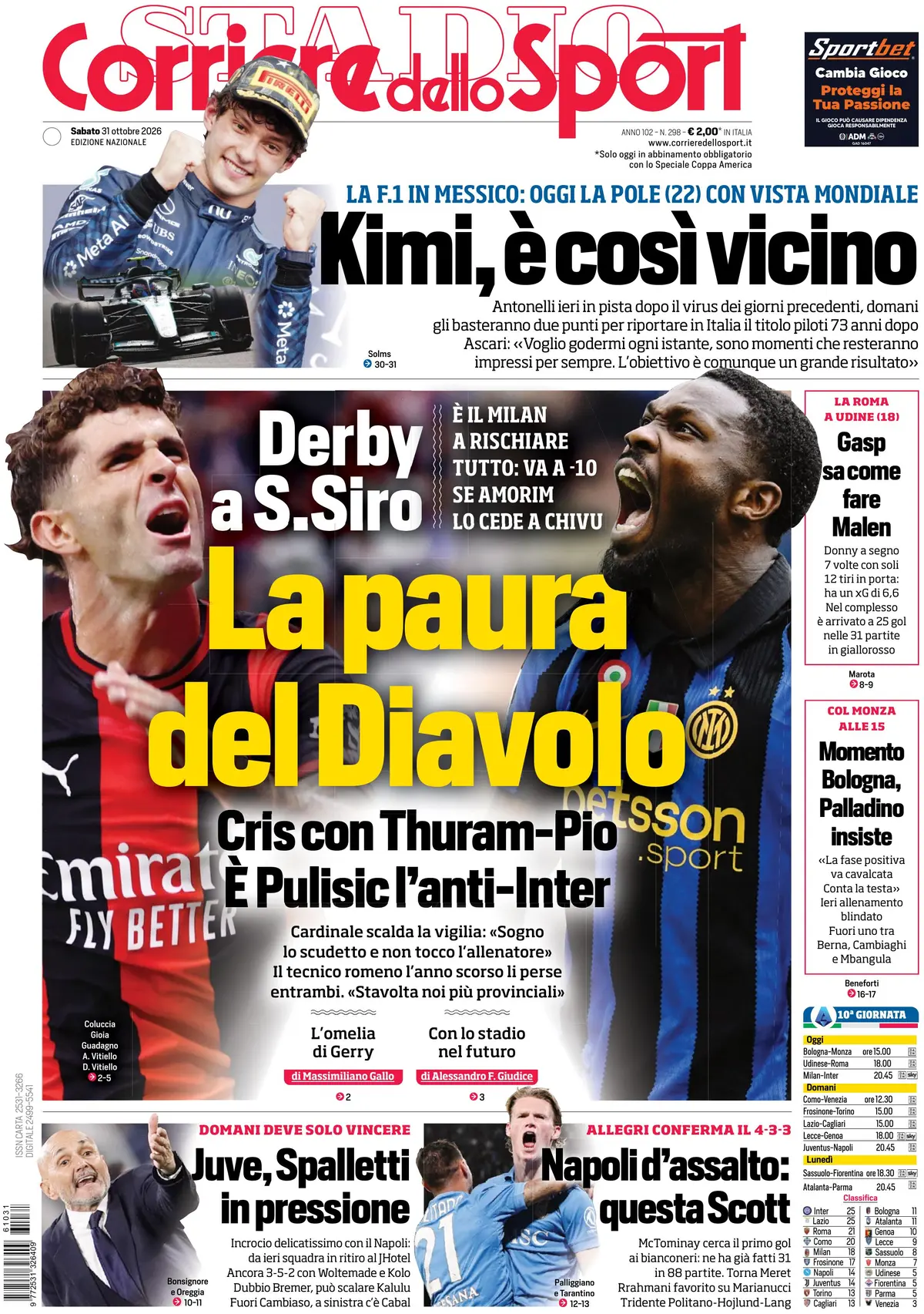 Prima Pagina Corriere dello Sport 31/10/2026