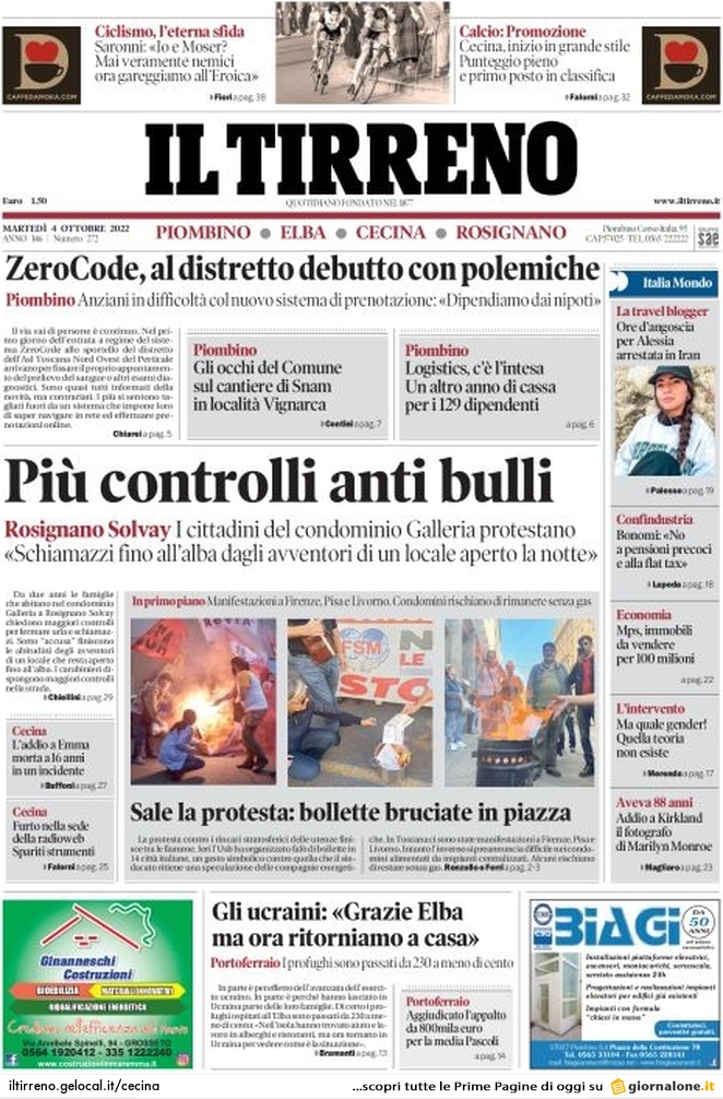 Prima Pagina Il Tirreno (Cecina-Rosignano) 04/10/2022