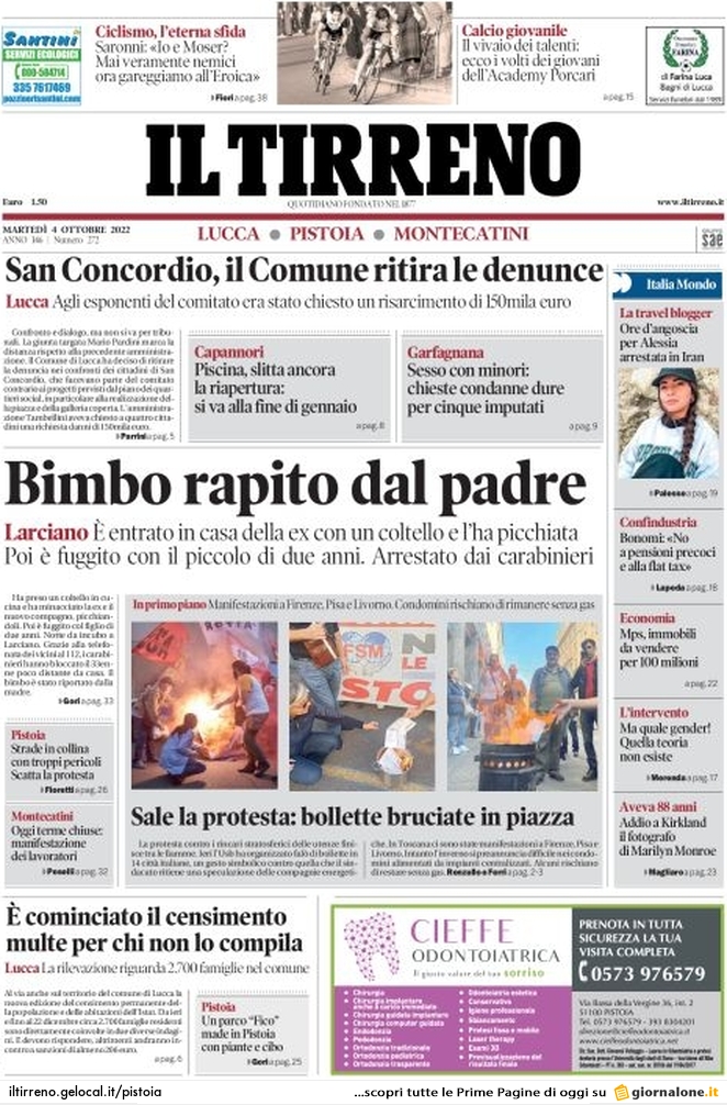 Prima Pagina Il Tirreno (Pistoia-Montecatini) 04/10/2022