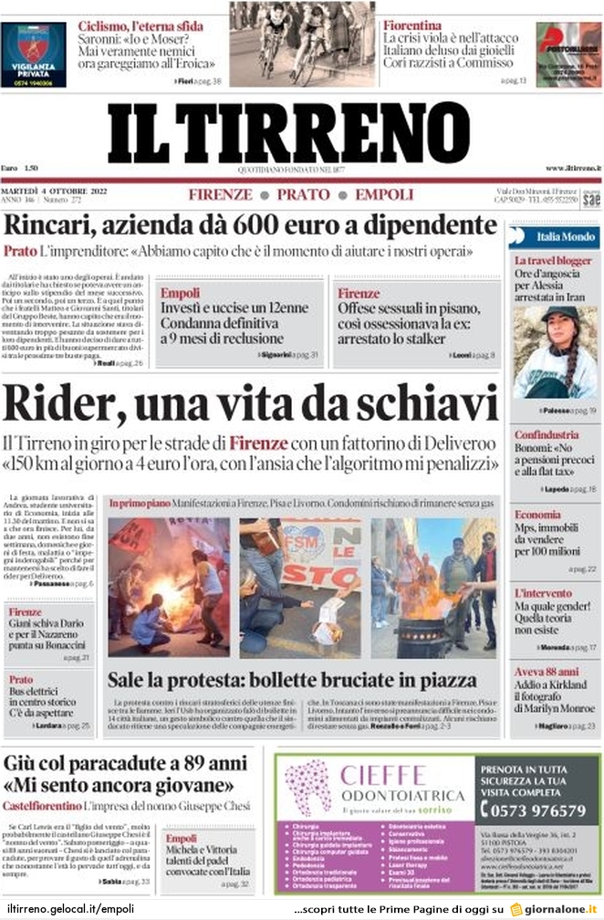Prima Pagina Il Tirreno (Prato-Empoli) 04/10/2022