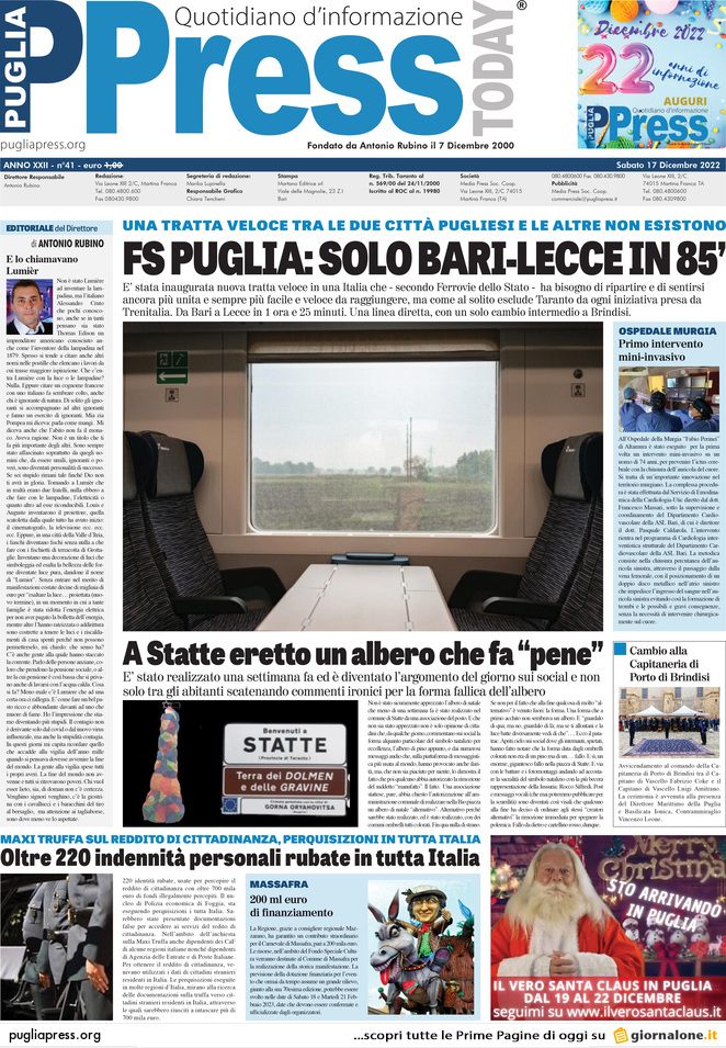 Prima Pagina PugliaPress 17/12/2022