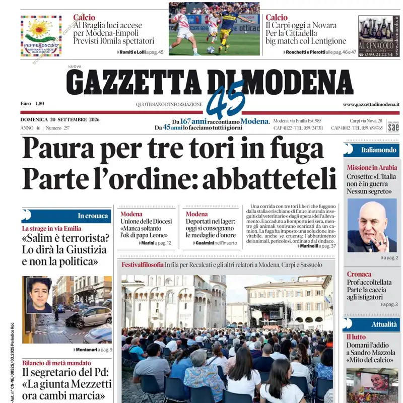 Gazzetta di Modena - Prima Pagina di oggi - 20 Settembre 2026