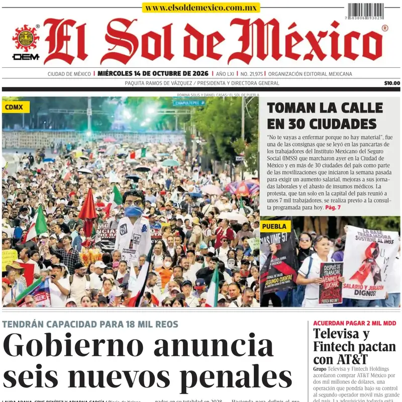Sol Mexican El Sol de México - Prima Pagina di oggi - 14 Ottobre 2026