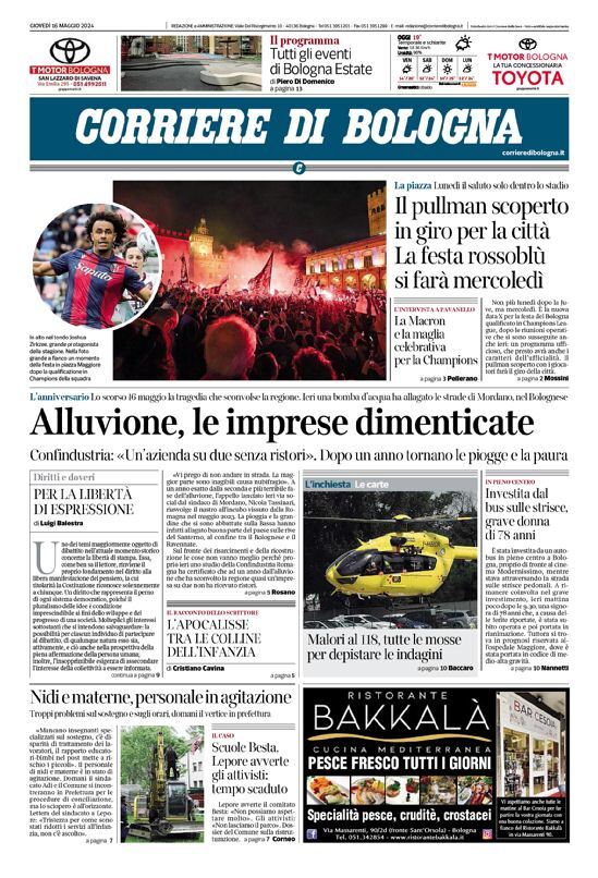 Prima Pagina Corriere di Bologna 16/05/2024