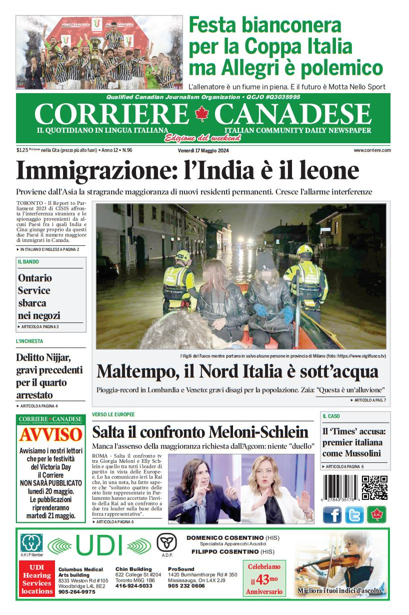 Prima Pagina Corriere Canadese 17/05/2024
