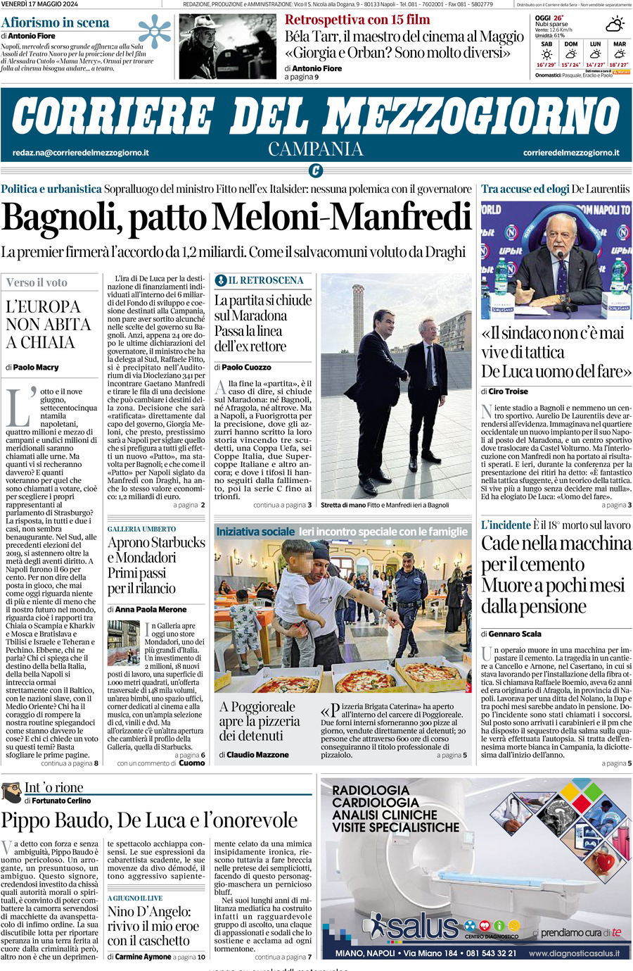 Prima Pagina Corriere del Mezzogiorno (Campania) 17/05/2024
