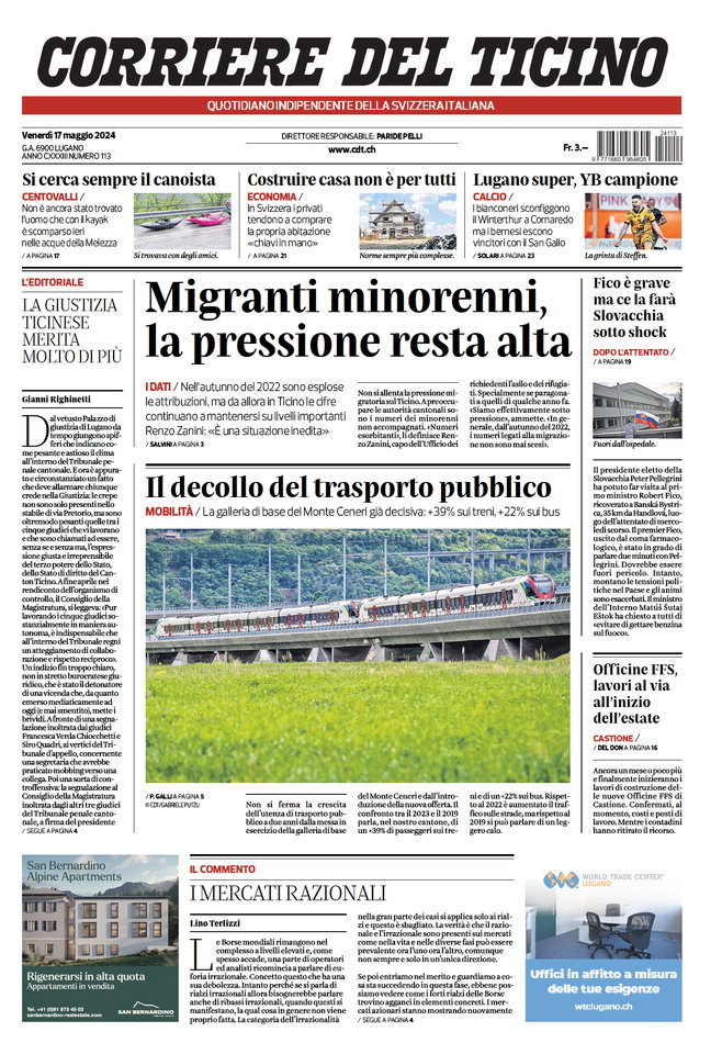 Prima Pagina Corriere del Ticino 17/05/2024