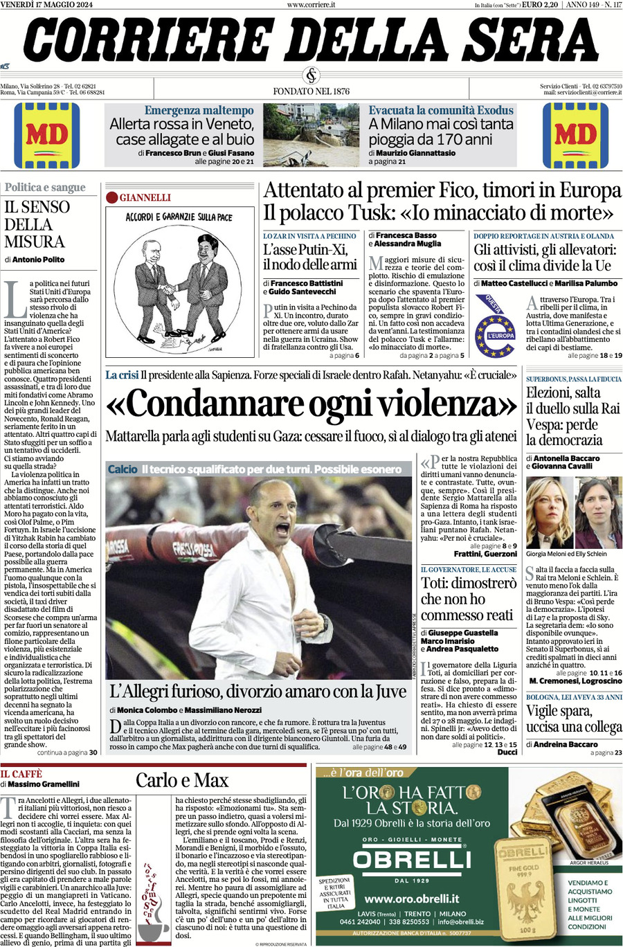 Prima Pagina Corriere della Sera 17/05/2024