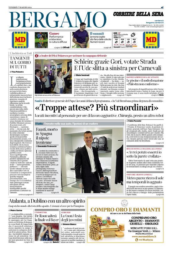 Prima Pagina Corriere della Sera (Bergamo) 17/05/2024