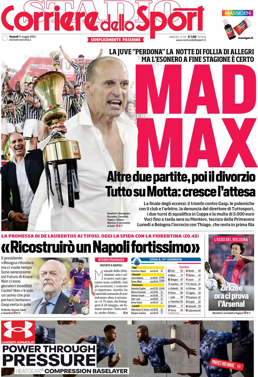 Prima Pagina Corriere dello Sport 17/05/2024