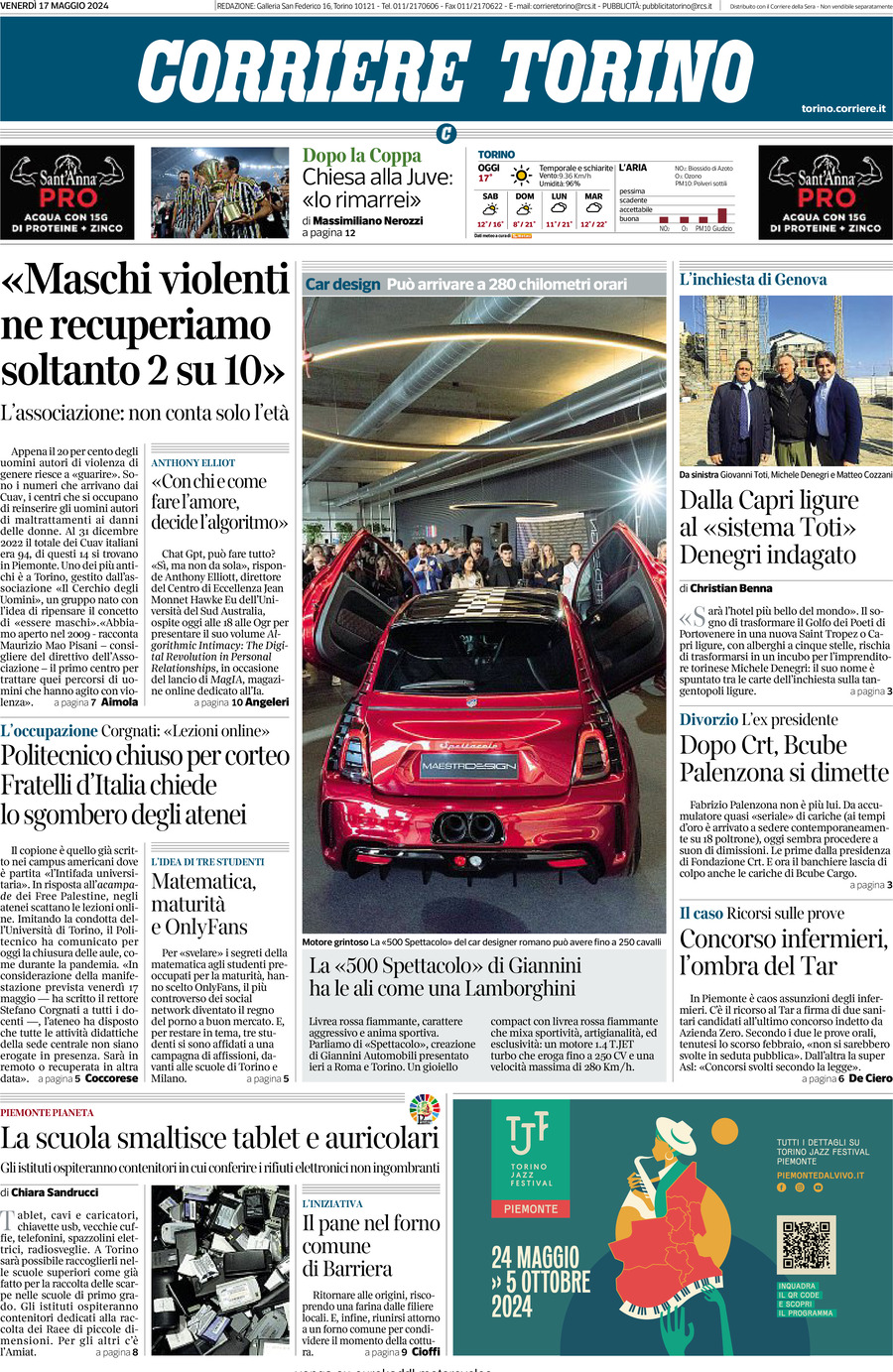 Prima Pagina Corriere Torino 17/05/2024