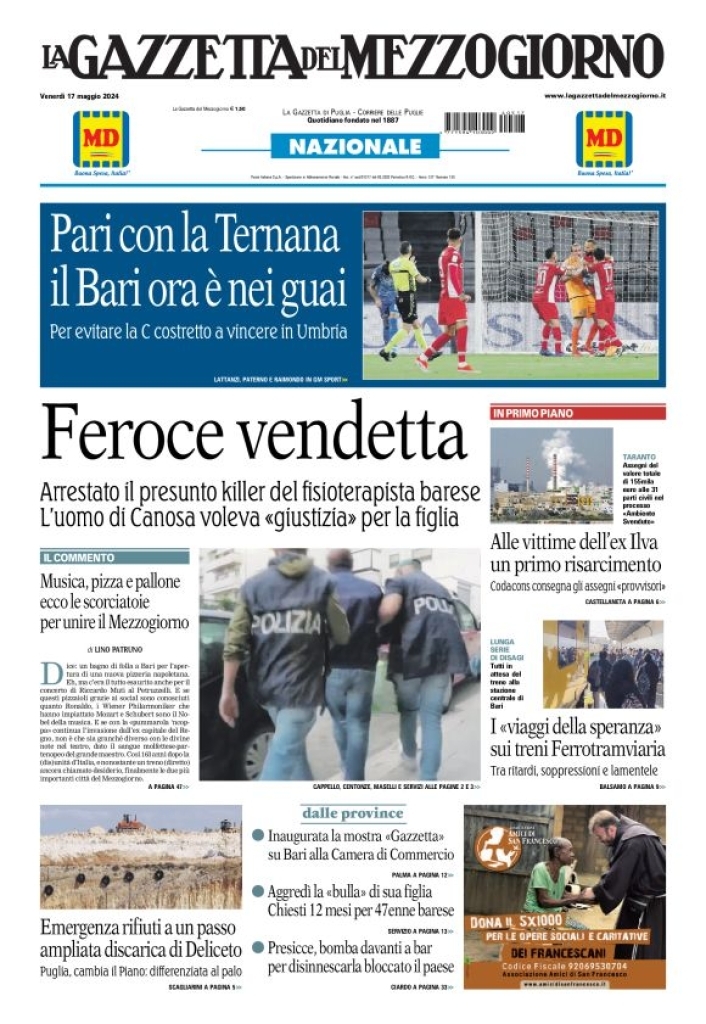 Prima Pagina La Gazzetta del Mezzogiorno (Bari) 17/05/2024