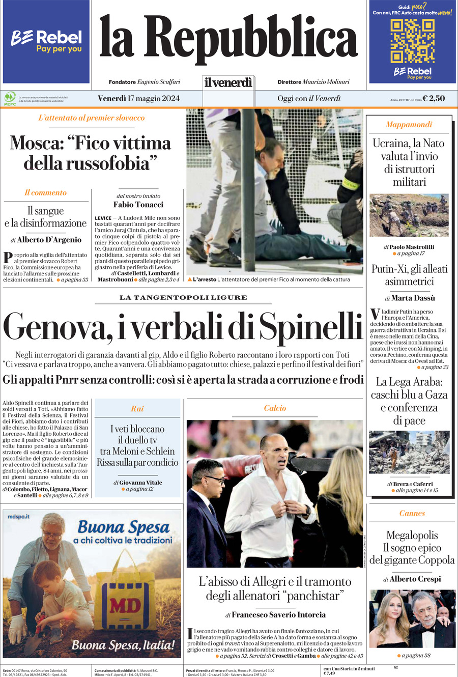 Prima Pagina La Repubblica 17/05/2024