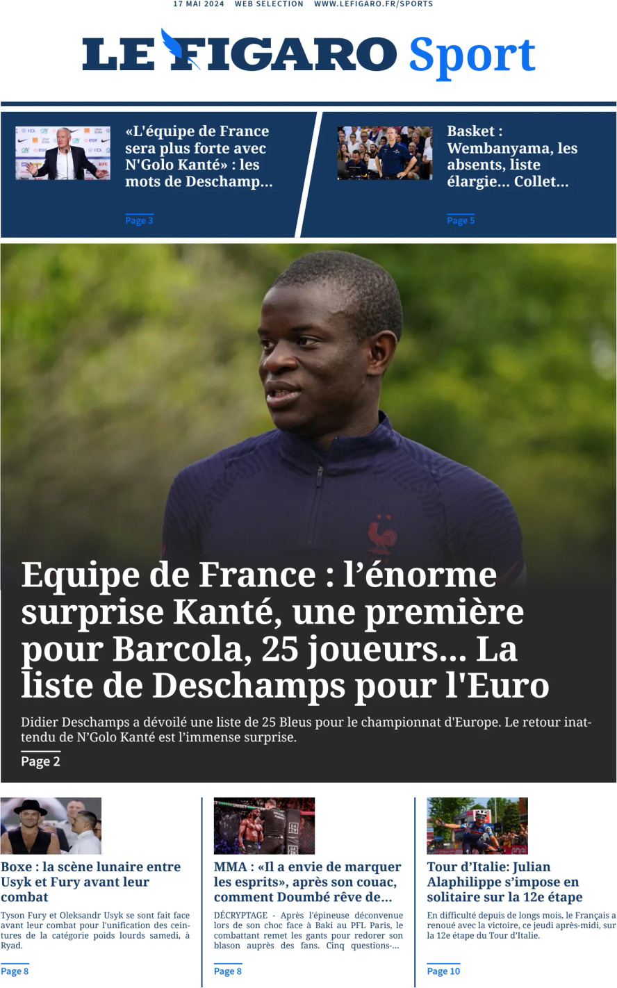 Prima Pagina Le Figaro SPORT 17/05/2024